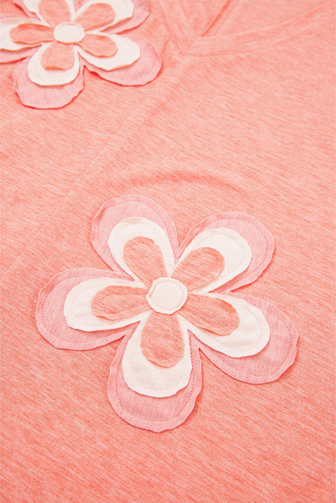 Layered Daisy Applique Patchwork V Neck Long Sleeve Top